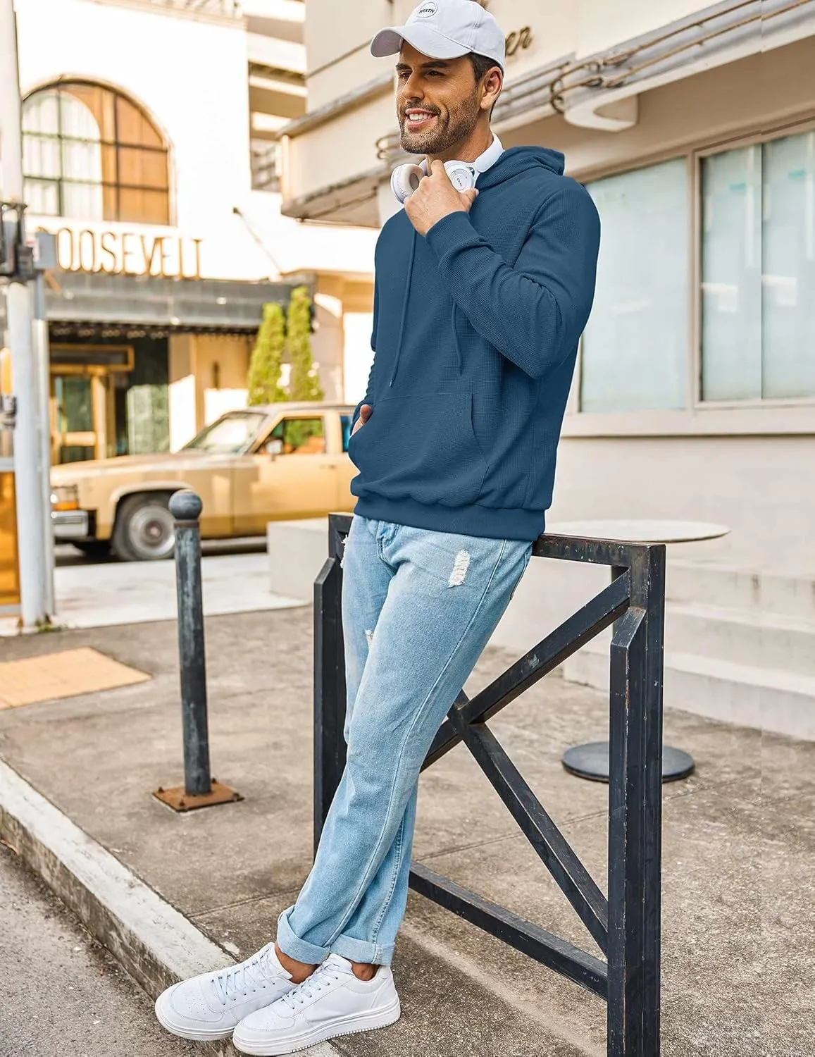 COOFANDY Men's Hooded Sweatshirts Long Sleeve Casual Pullover Hoodie Waffle Knit Sweatshirt with Pocket