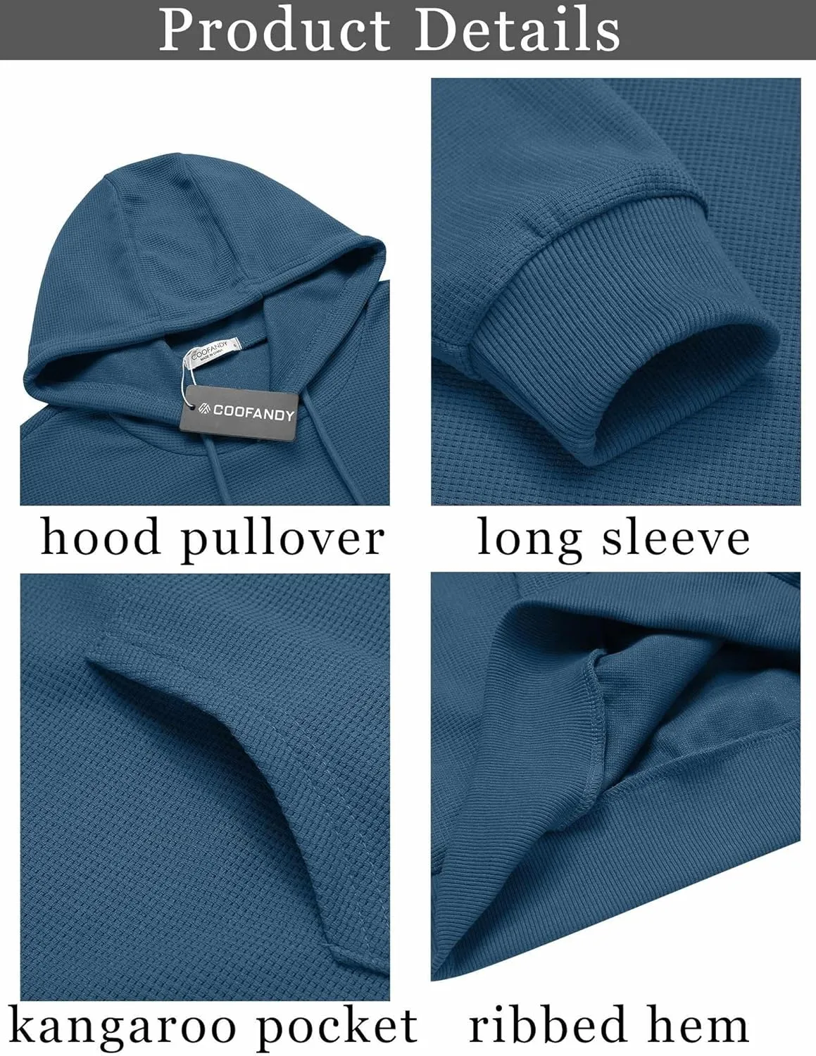 COOFANDY Men's Hooded Sweatshirts Long Sleeve Casual Pullover Hoodie Waffle Knit Sweatshirt with Pocket