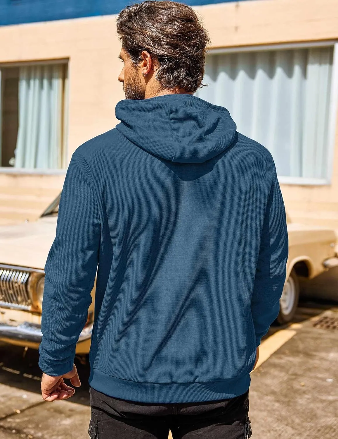 COOFANDY Men's Hooded Sweatshirts Long Sleeve Casual Pullover Hoodie Waffle Knit Sweatshirt with Pocket