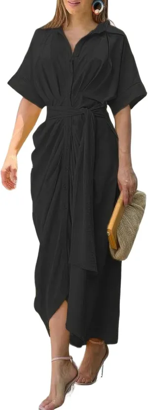 ebossy Women's Elegant Ruched Bodycon Maxi Dress Short Sleeve Tie Waist Button Down Summer Shirt Dress
