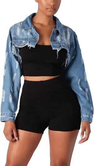 Flygo Women's Ultra Cropped Denim Jacket Ripped Frayed Raw Hem Crop Jean Shrug