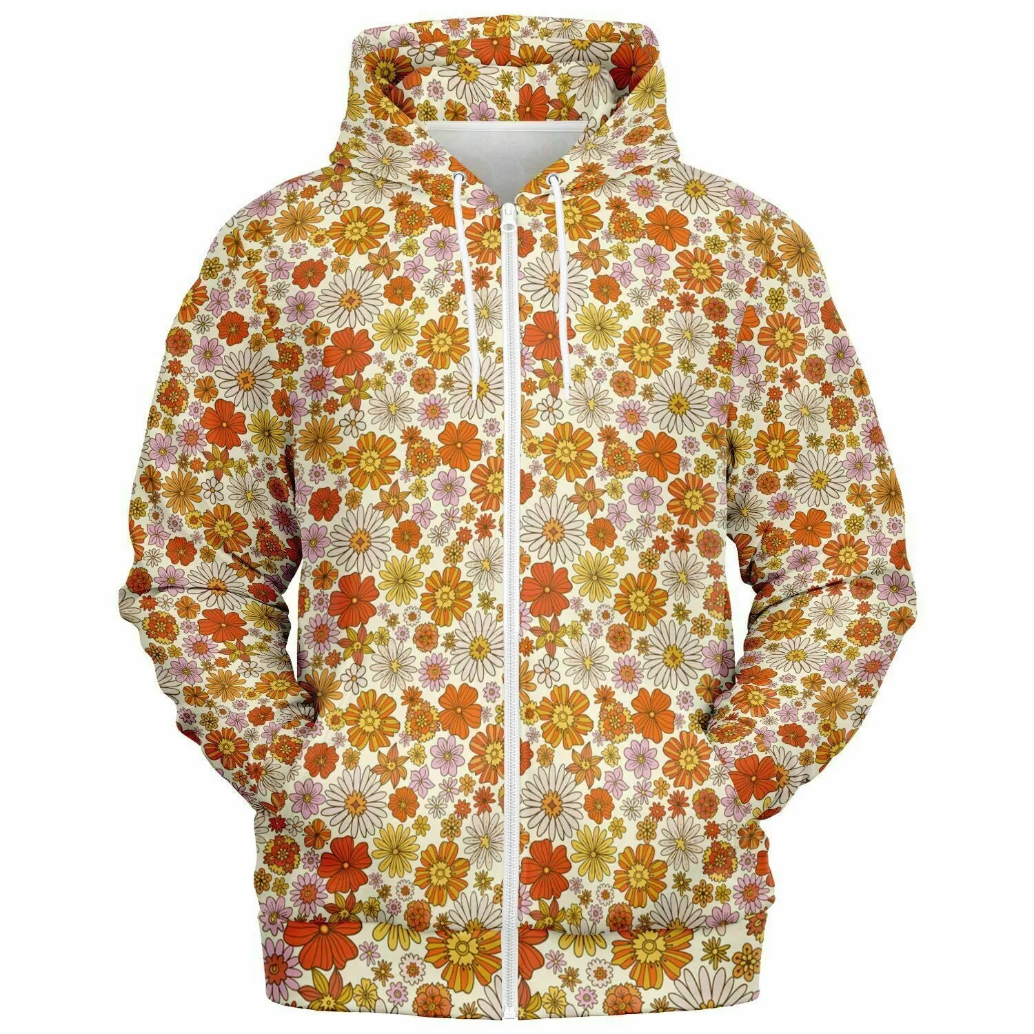 Groovy Flowers Zip Up Hoodie, Vintage Floral 70s Orange Zipper Pocket Men Women Unisex Adult Aesthetic Cotton Fleece Hooded Sweatshirt