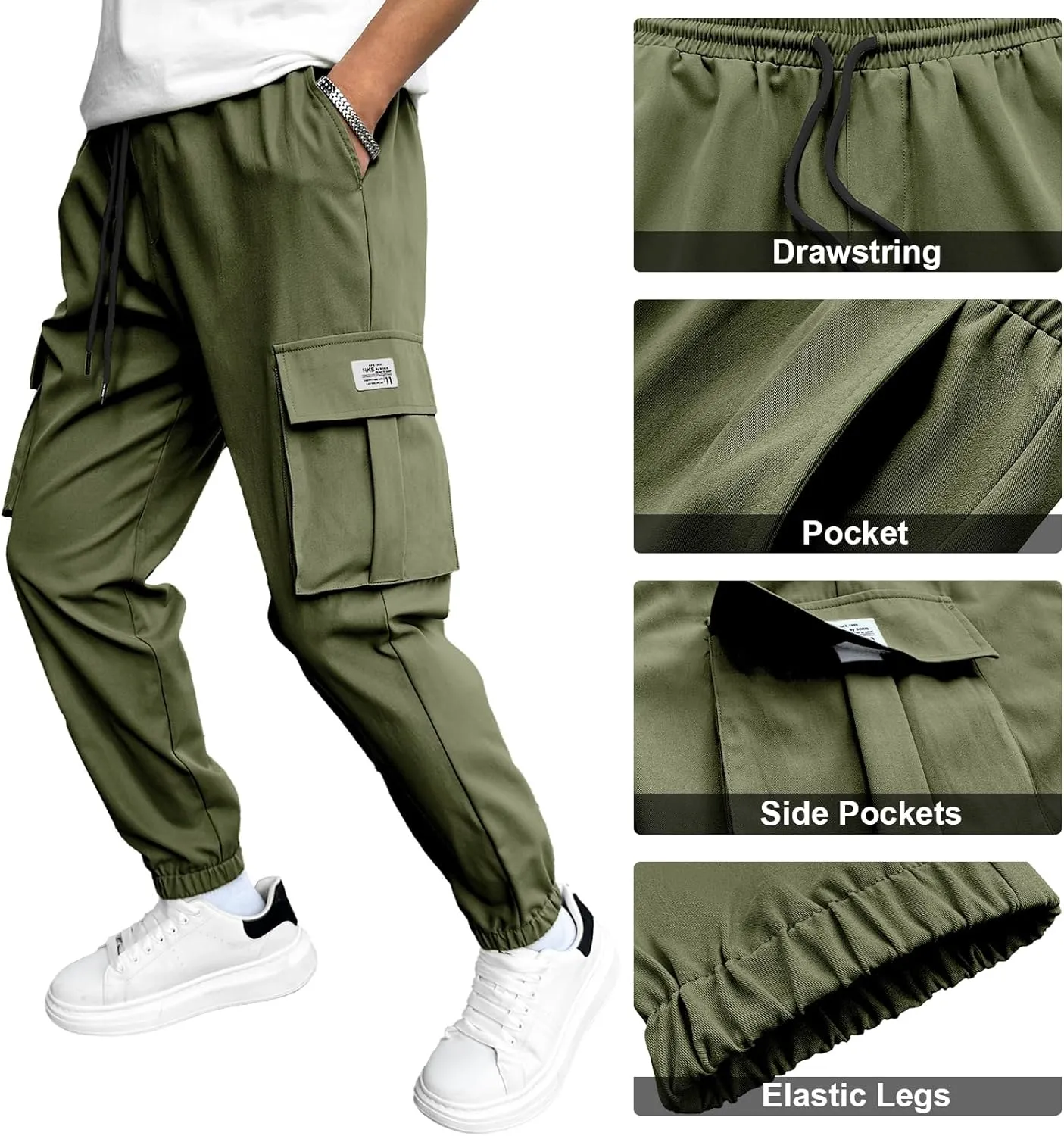HOTake Men's Casual Cargo Pants Elastic Waist Drawstring Tapered Pants for Men Joggers Hiking Pants with Multi Pockets
