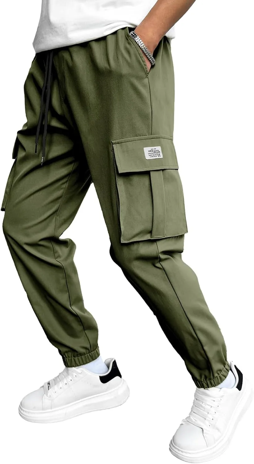 HOTake Men's Casual Cargo Pants Elastic Waist Drawstring Tapered Pants for Men Joggers Hiking Pants with Multi Pockets