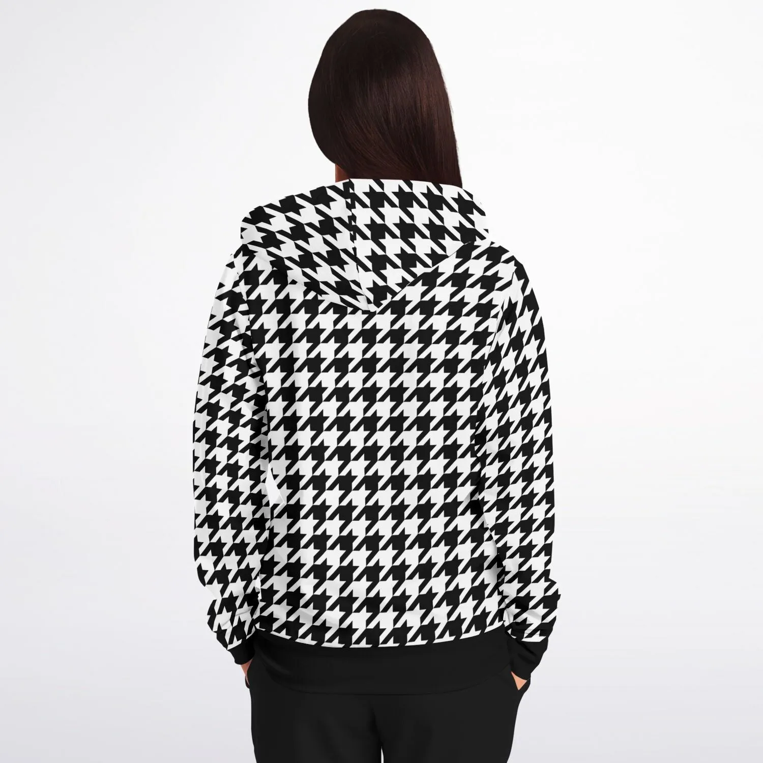 Houndstooth Zip Up Hoodie, Black White Front Zipper Pocket Men Women Unisex Adult Aesthetic Graphic Cotton Fleece Hooded Sweatshirt