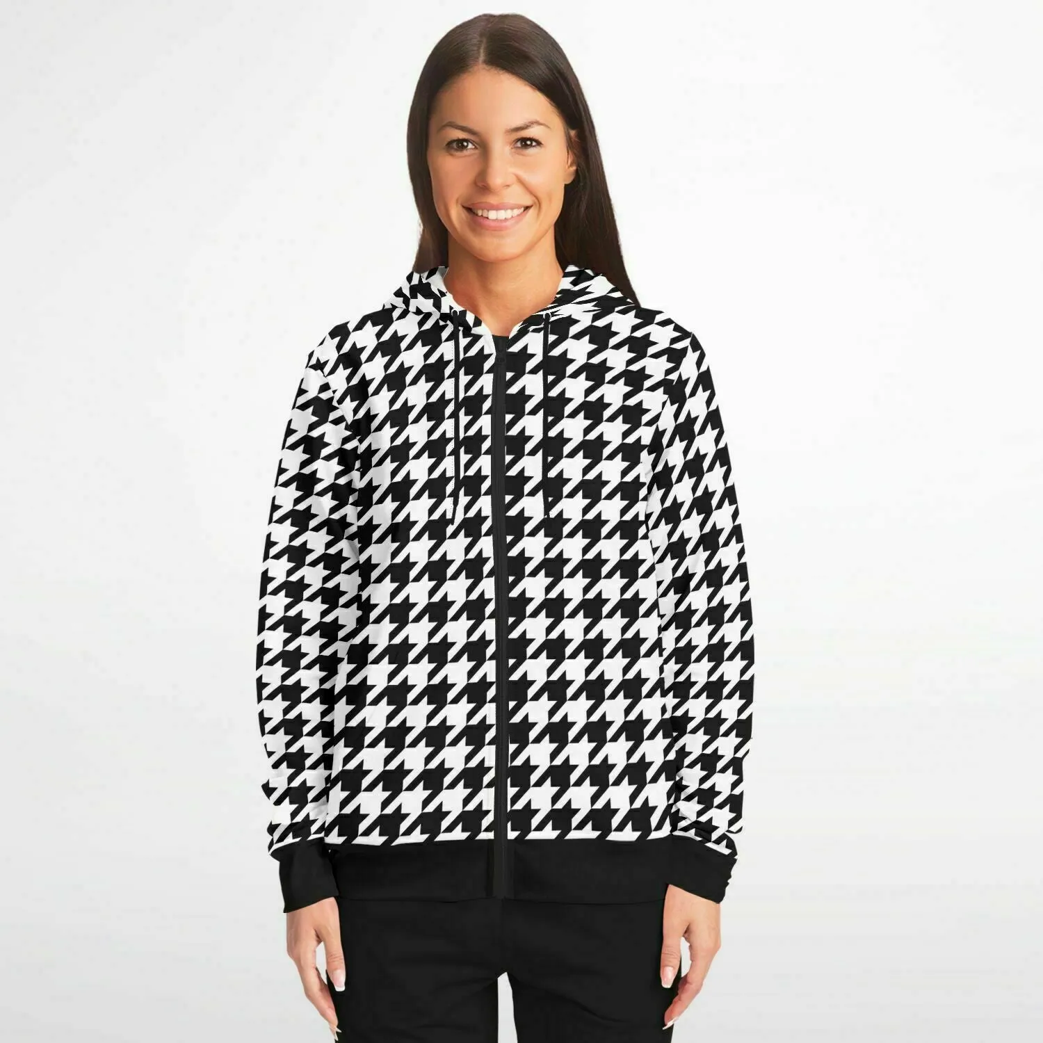 Houndstooth Zip Up Hoodie, Black White Front Zipper Pocket Men Women Unisex Adult Aesthetic Graphic Cotton Fleece Hooded Sweatshirt