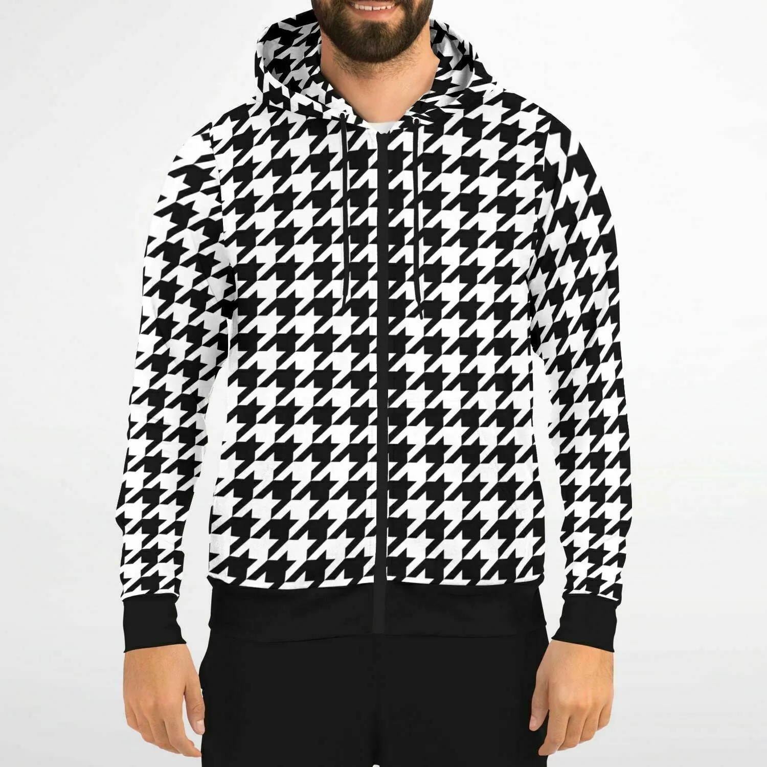 Houndstooth Zip Up Hoodie, Black White Front Zipper Pocket Men Women Unisex Adult Aesthetic Graphic Cotton Fleece Hooded Sweatshirt