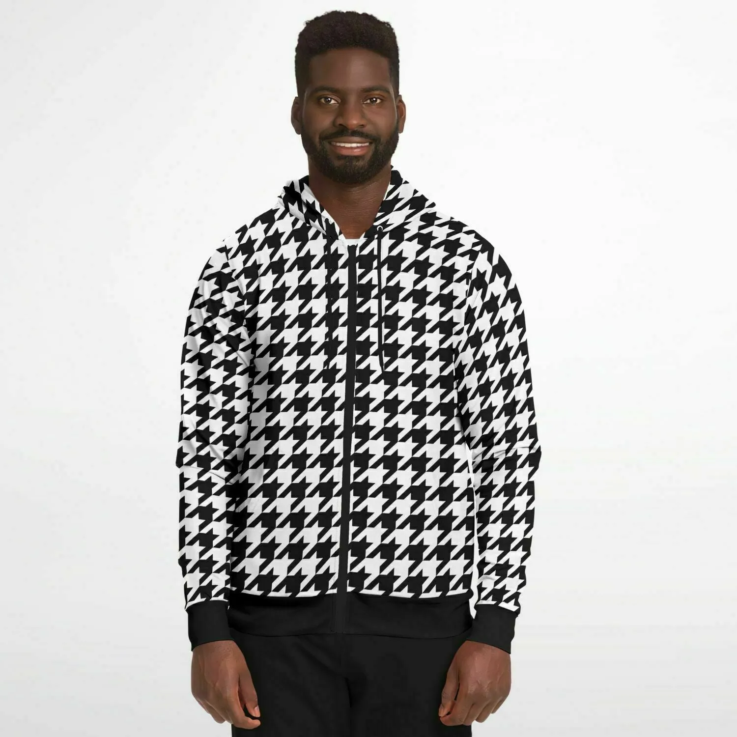 Houndstooth Zip Up Hoodie, Black White Front Zipper Pocket Men Women Unisex Adult Aesthetic Graphic Cotton Fleece Hooded Sweatshirt