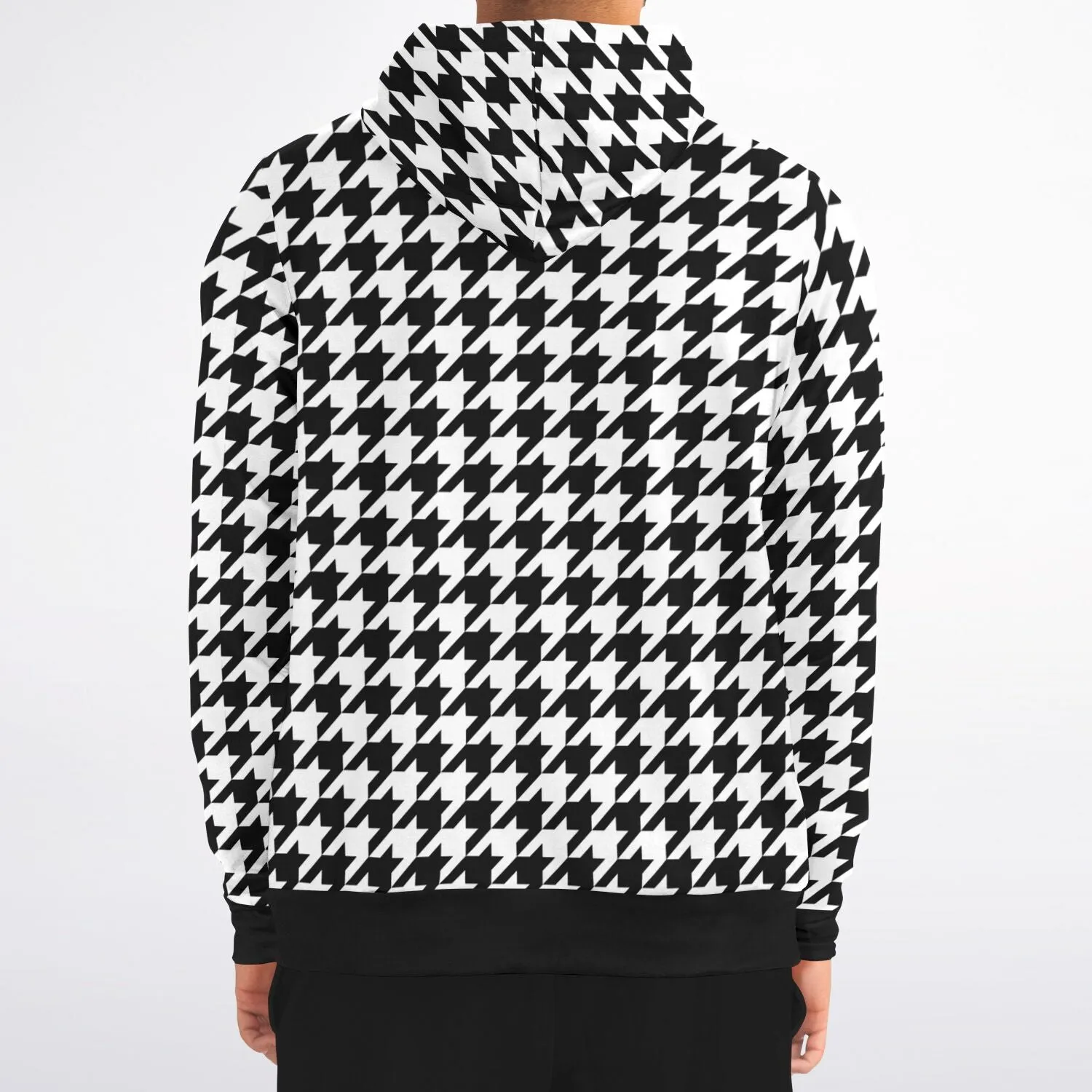 Houndstooth Zip Up Hoodie, Black White Front Zipper Pocket Men Women Unisex Adult Aesthetic Graphic Cotton Fleece Hooded Sweatshirt