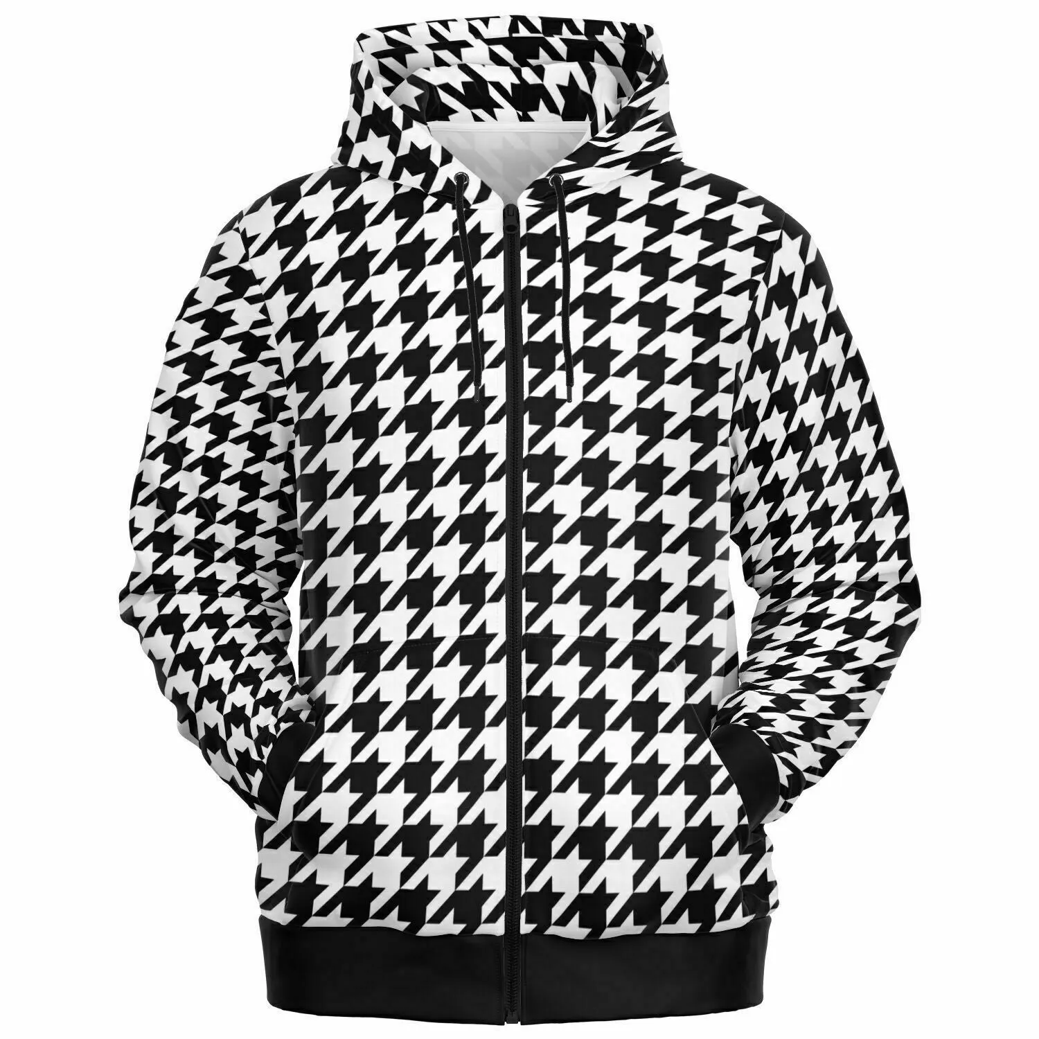 Houndstooth Zip Up Hoodie, Black White Front Zipper Pocket Men Women Unisex Adult Aesthetic Graphic Cotton Fleece Hooded Sweatshirt