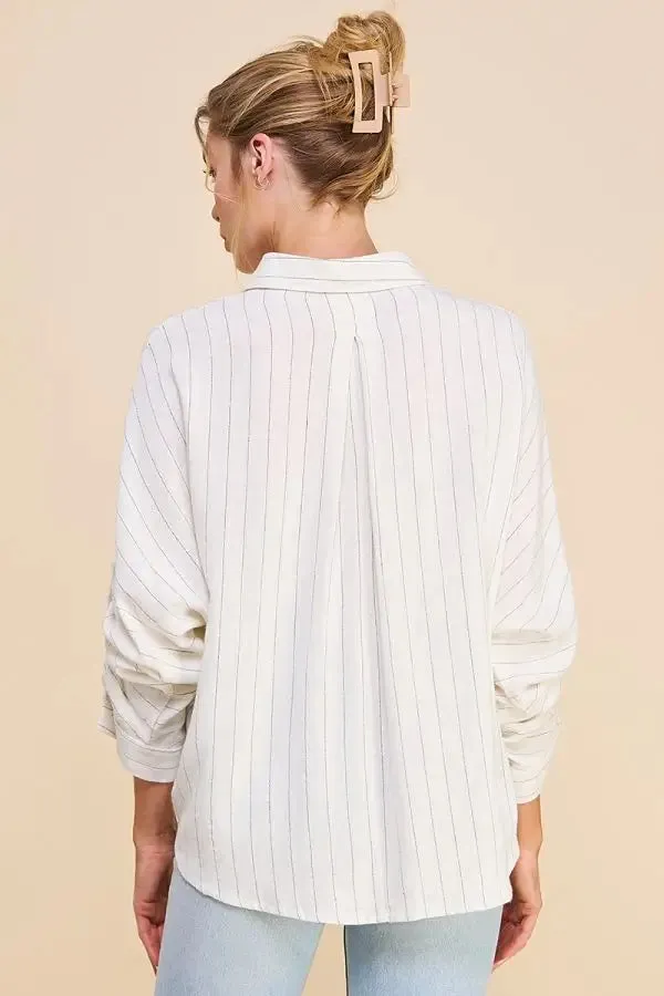 LINEN PINSTRIPE DOLMAN BUTTON FRONT SHIRT