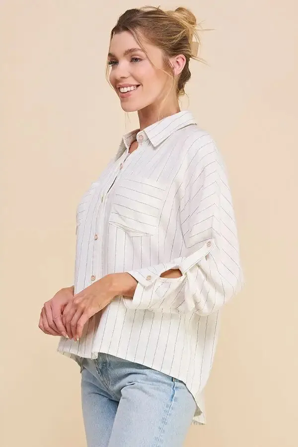 LINEN PINSTRIPE DOLMAN BUTTON FRONT SHIRT
