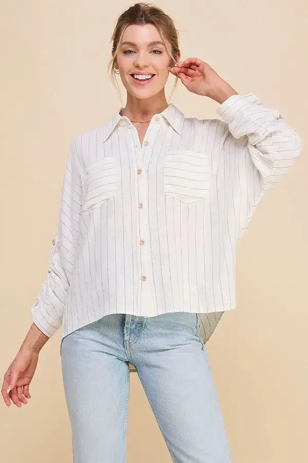 LINEN PINSTRIPE DOLMAN BUTTON FRONT SHIRT