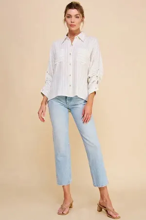 LINEN PINSTRIPE DOLMAN BUTTON FRONT SHIRT