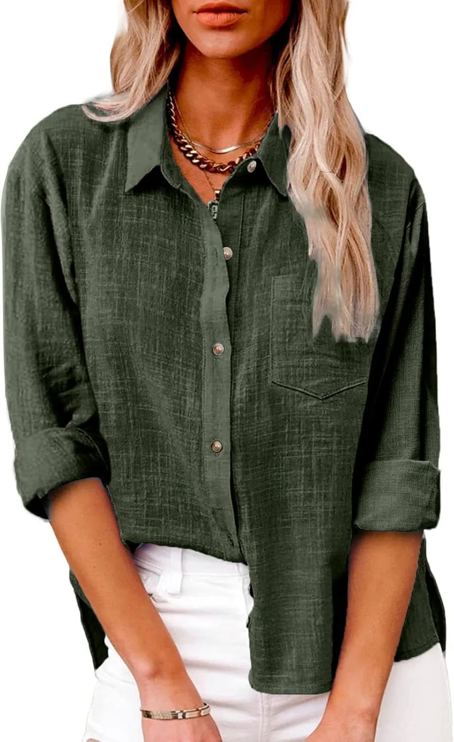 Linen Shirts for Women Summer Long Sleeve Lapel Button Down Shirt Lightweight Gauze Tops Loose Casual Blouses Clothes