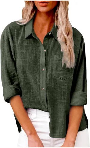 Linen Shirts for Women Summer Long Sleeve Lapel Button Down Shirt Lightweight Gauze Tops Loose Casual Blouses Clothes