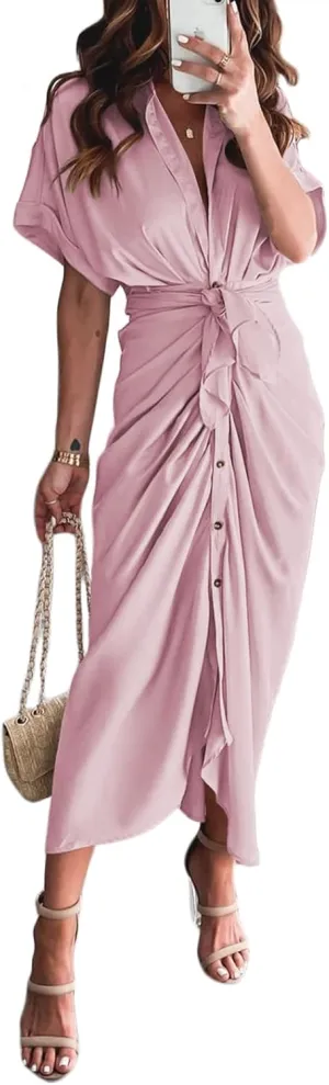 Linsery Satin Shirt Dress Women Summer Short Sleeve Ruched Button Long Dresses Light Purple S