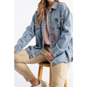 Long Sleeve Denim Button Down Shirt with Paint Splatter