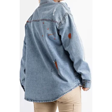 Long Sleeve Denim Button Down Shirt with Paint Splatter