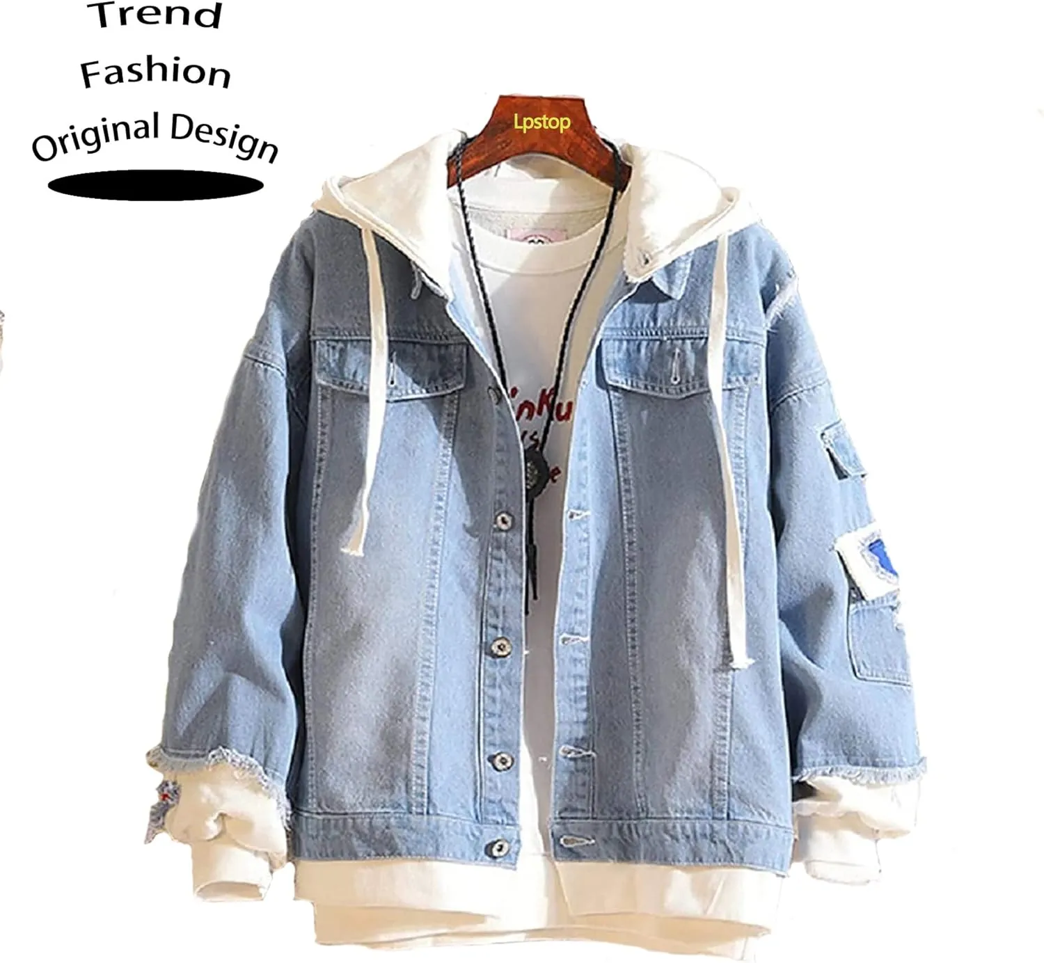 Lpstop Vintage Cross Denim Jacket Hoodie Lightweight Blue Jacket Cross Hoodie for Women Men