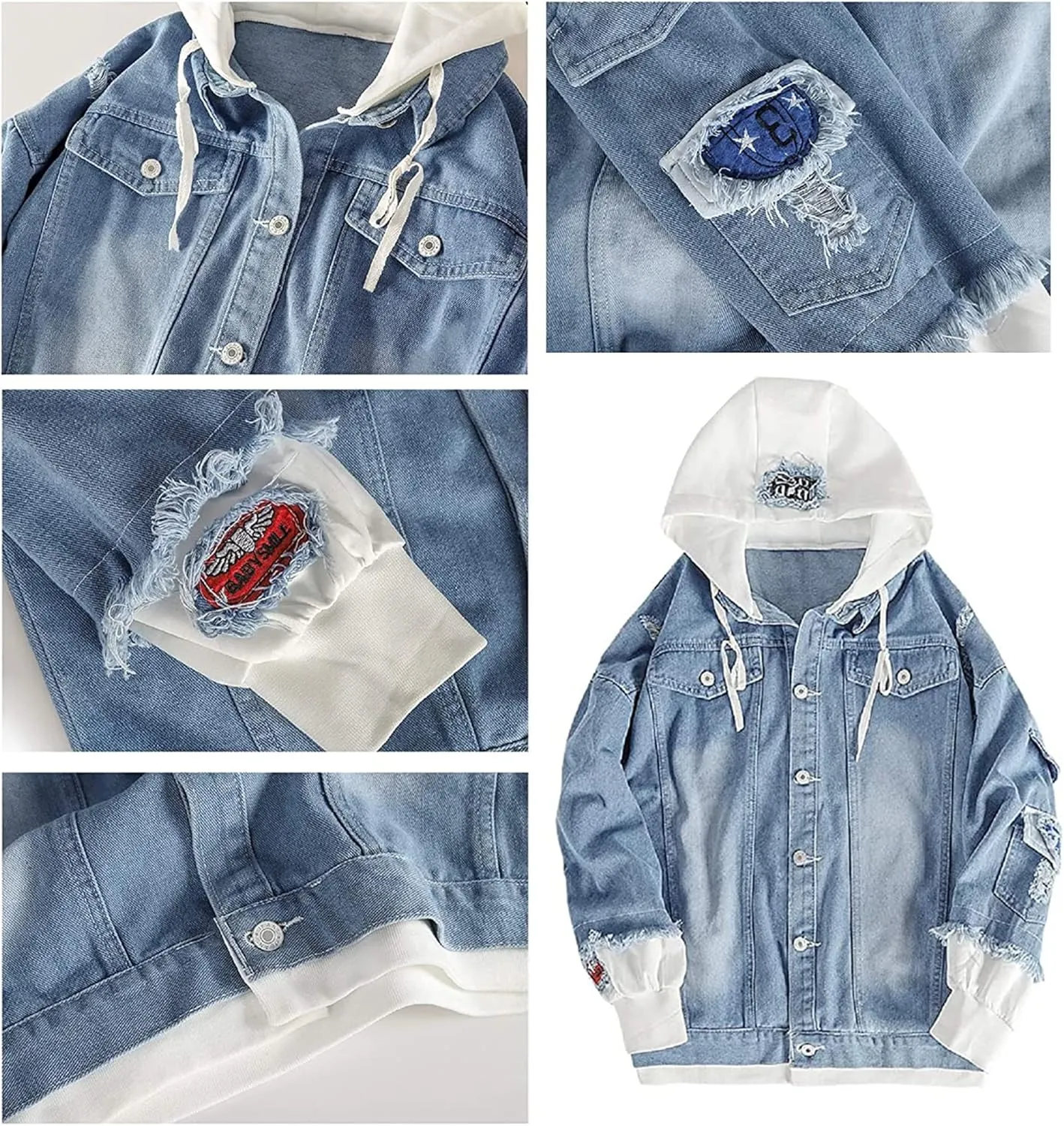 Lpstop Vintage Cross Denim Jacket Hoodie Lightweight Blue Jacket Cross Hoodie for Women Men