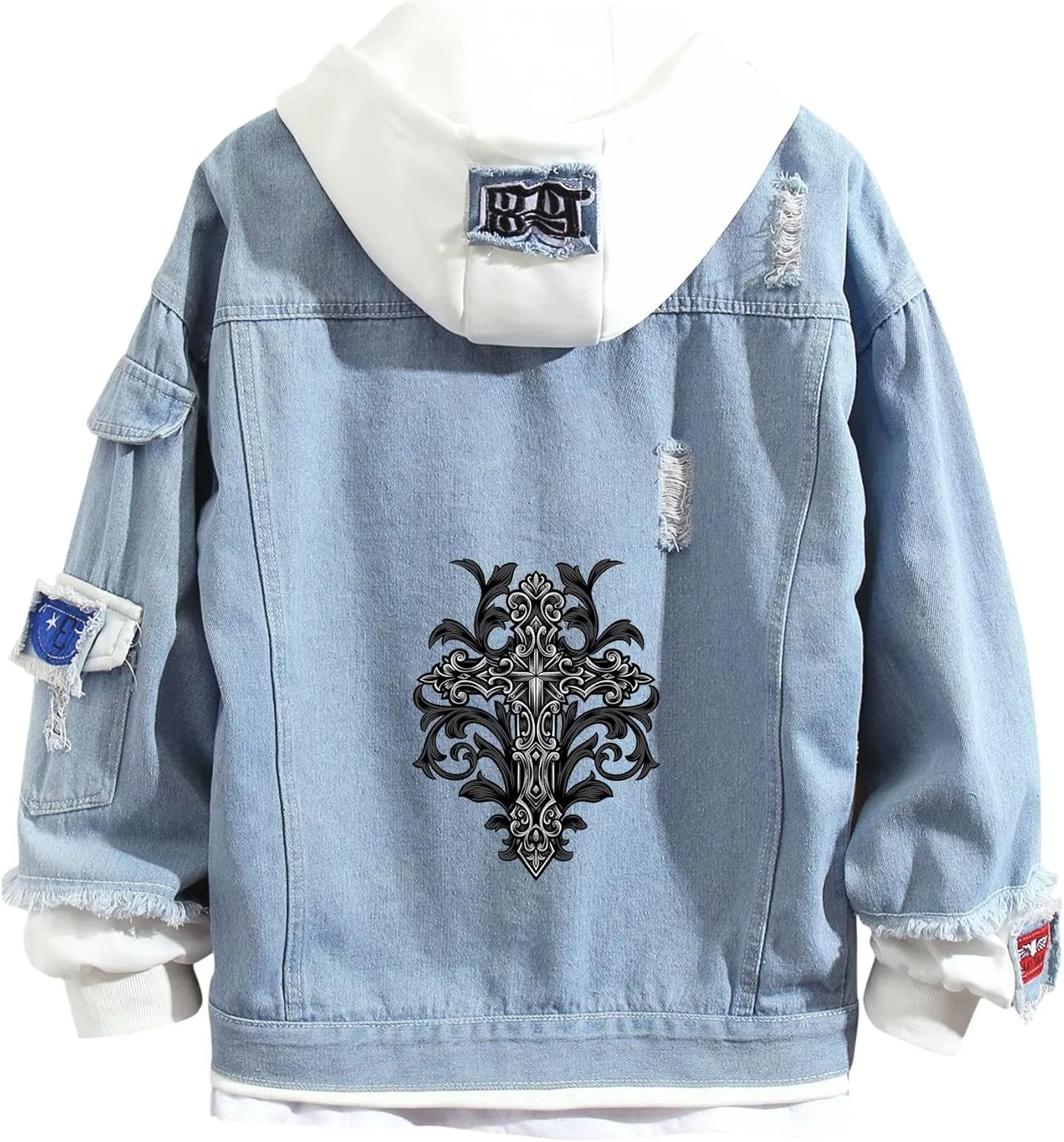 Lpstop Vintage Cross Denim Jacket Hoodie Lightweight Blue Jacket Cross Hoodie for Women Men