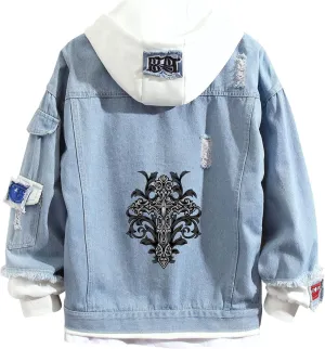 Lpstop Vintage Cross Denim Jacket Hoodie Lightweight Blue Jacket Cross Hoodie for Women Men