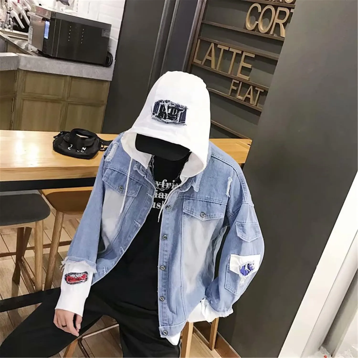 Lpstop Vintage Cross Denim Jacket Hoodie Lightweight Blue Jacket Cross Hoodie for Women Men