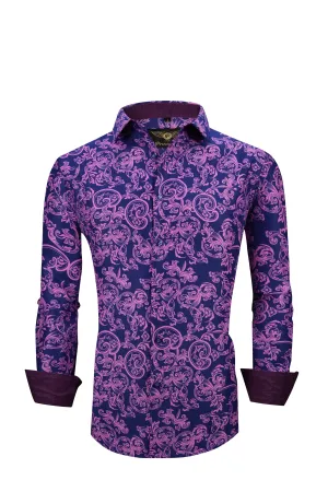 Men PREMIERE Long Sleeve Button Up Dress Shirt Purple Paisley