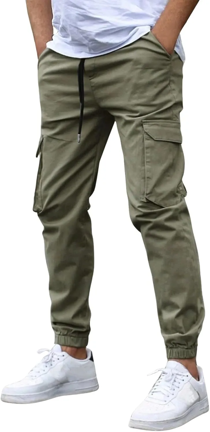 Mencomfy Cargo Pants Casual Stretch Slim Fit Hiking Pant Drawstring Athletic Joggers with Multi Pockets Tapered Trousers