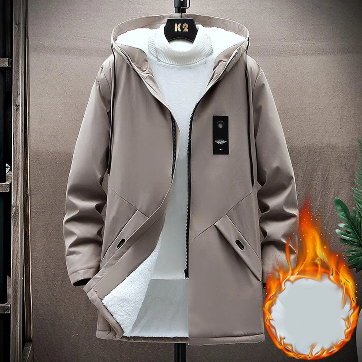 Mens 2024 Winter Hooded Trench Coats Stylish Long Zip Windbreaker Jacket Plus Size Windproof Outdoor Hiking Travel Overcoats