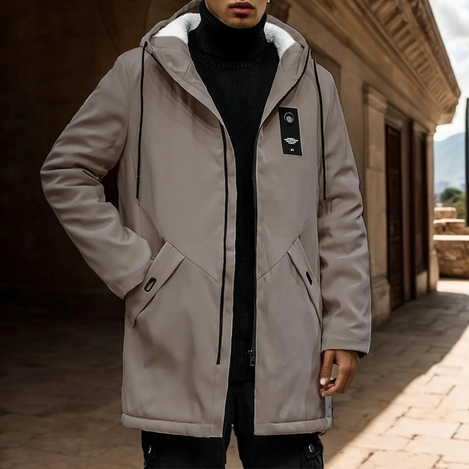 Mens 2024 Winter Hooded Trench Coats Stylish Long Zip Windbreaker Jacket Plus Size Windproof Outdoor Hiking Travel Overcoats