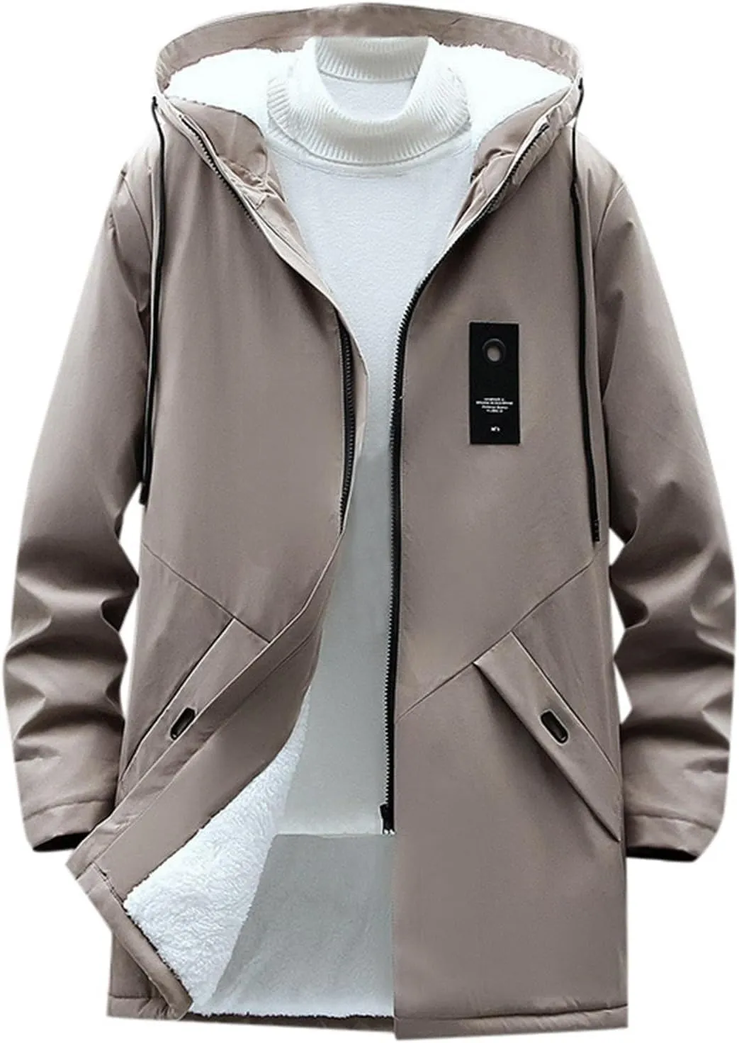 Mens 2024 Winter Hooded Trench Coats Stylish Long Zip Windbreaker Jacket Plus Size Windproof Outdoor Hiking Travel Overcoats