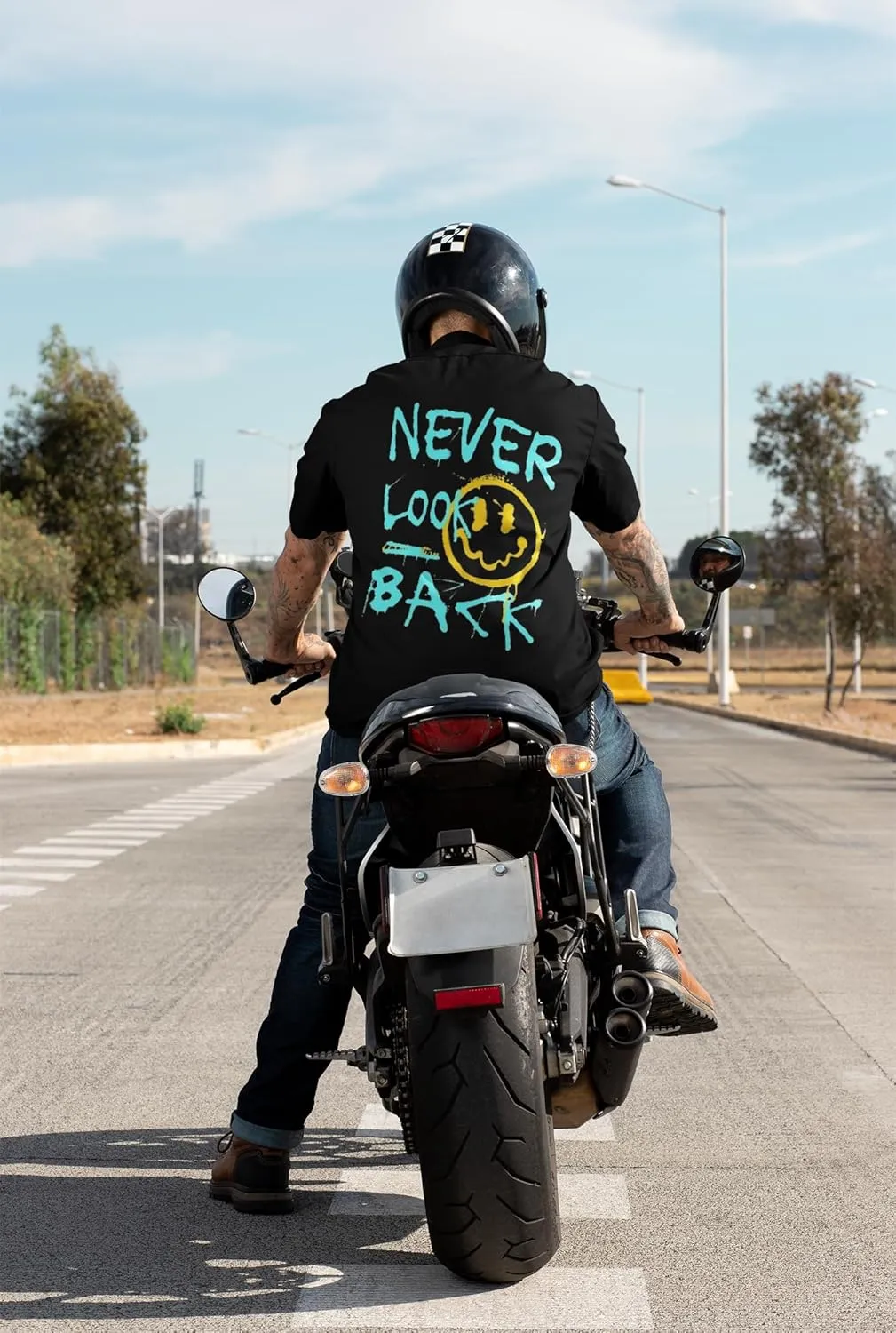 Men's Black Never Look Back Graphic Tshirt Front and Back Design (L)