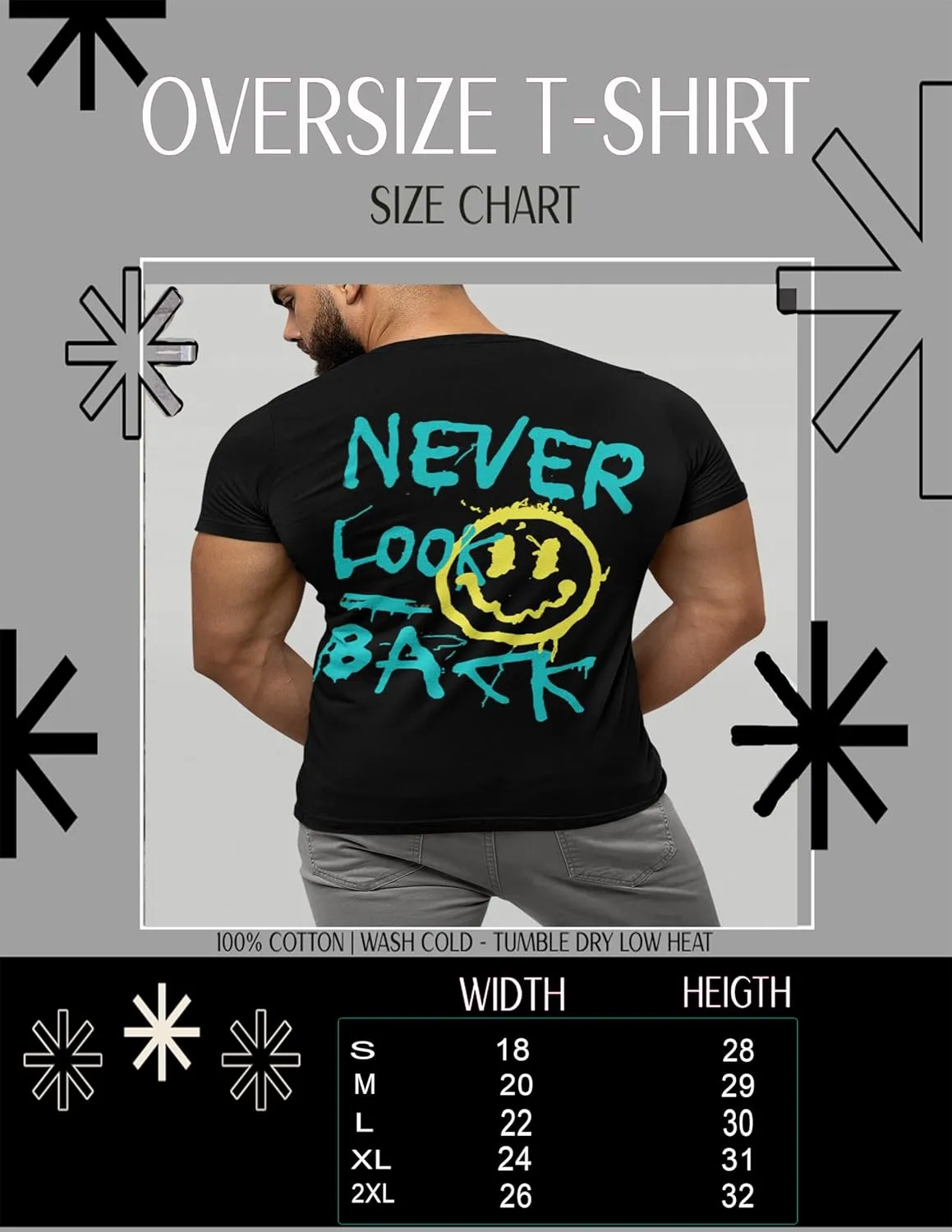 Men's Black Never Look Back Graphic Tshirt Front and Back Design (L)