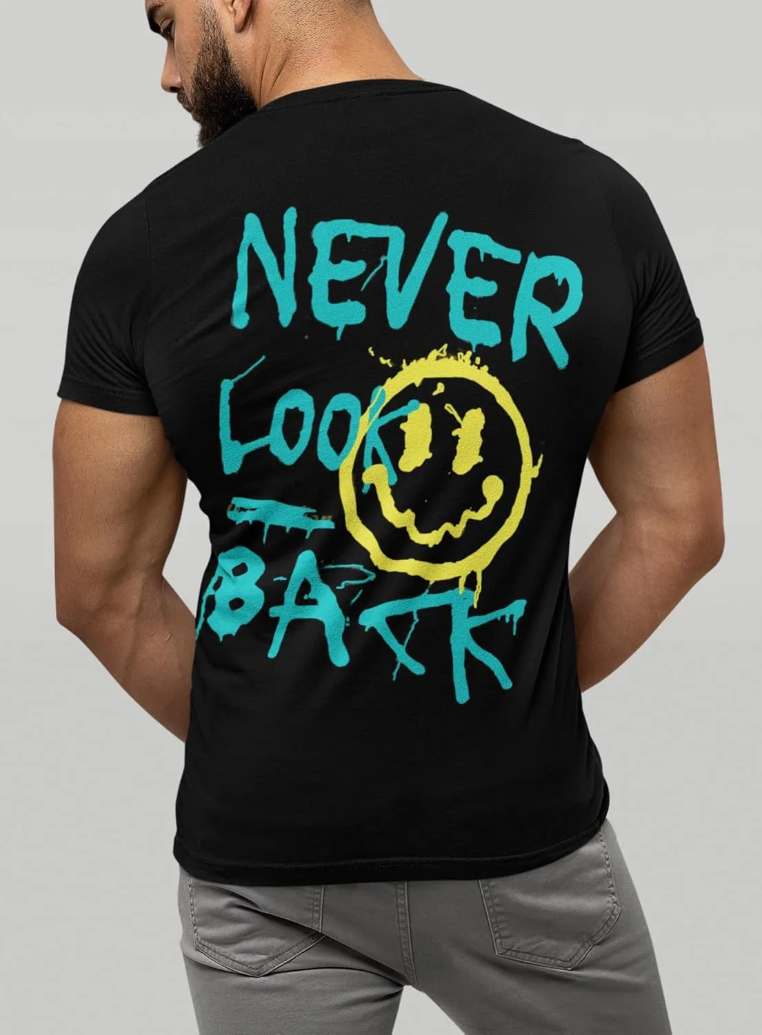 Men's Black Never Look Back Graphic Tshirt Front and Back Design (L)