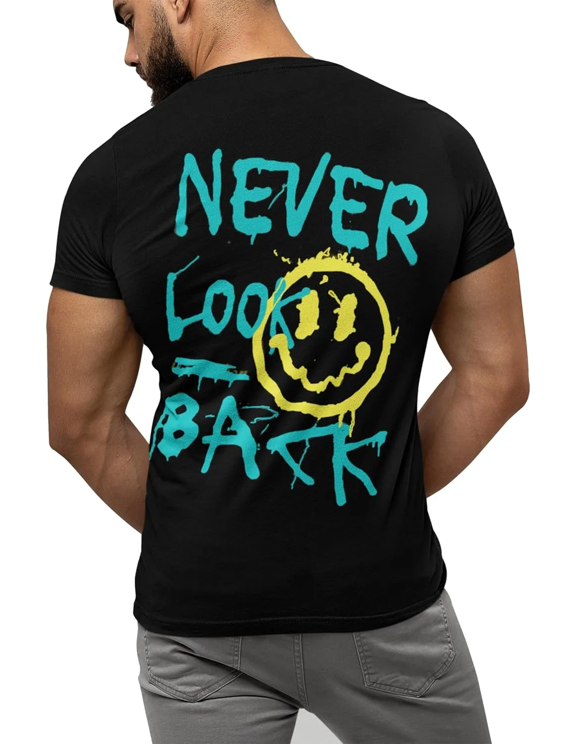Men's Black Never Look Back Graphic Tshirt Front and Back Design (L)