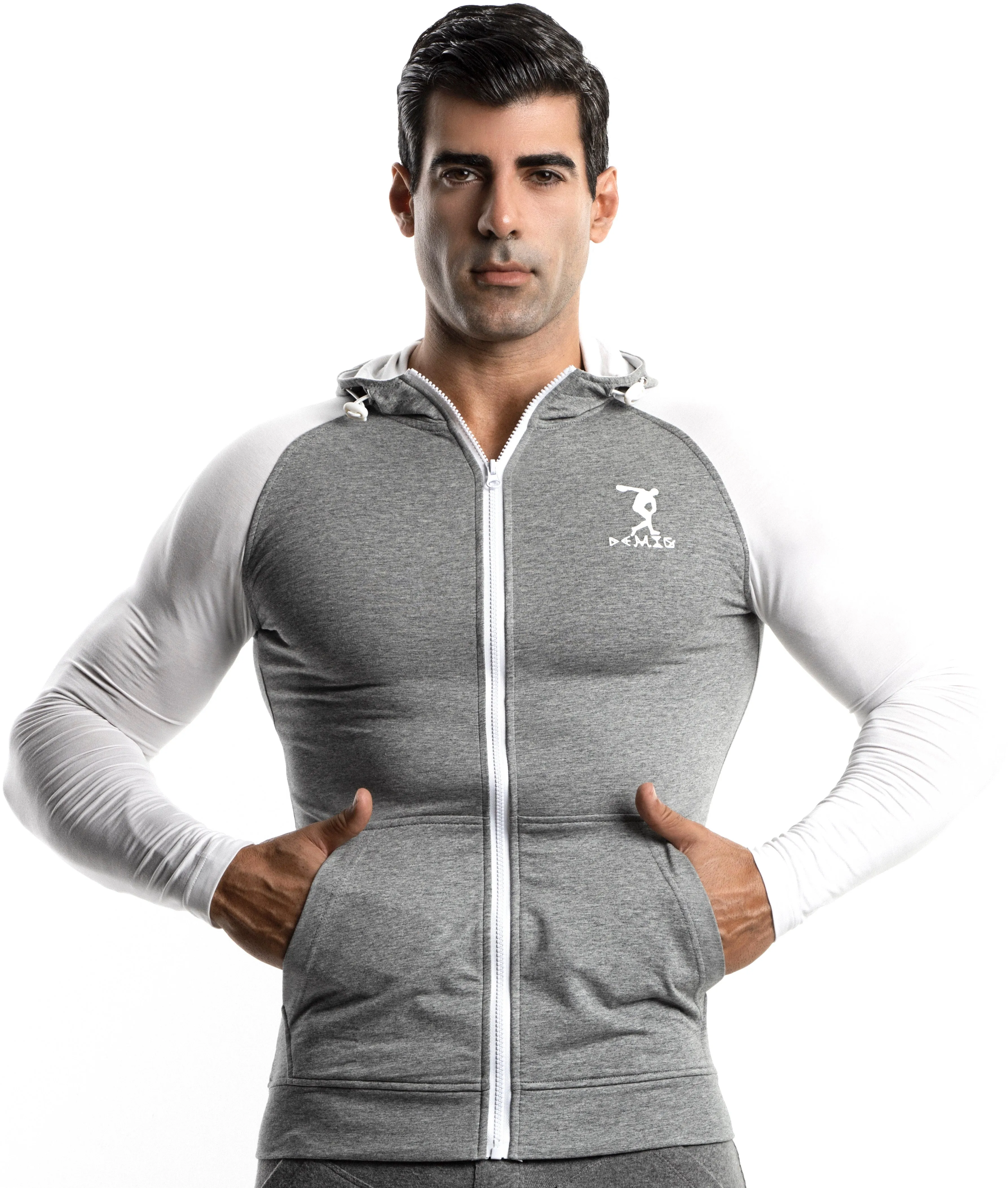 Mens Gray Zip Up Hoodie Slim Fit with Kanga Pockets Made with Organic Cotton and Microfiber