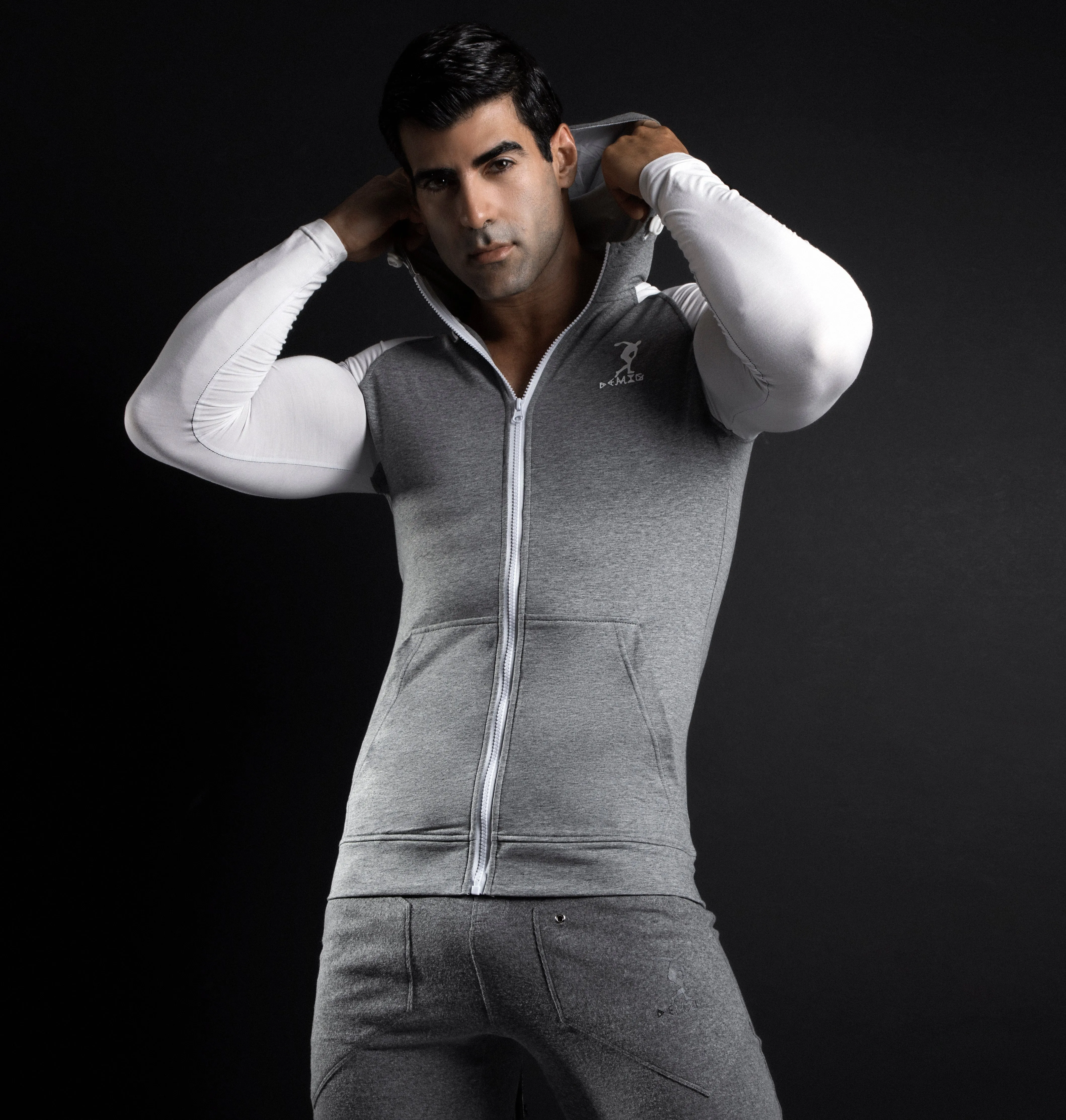 Mens Gray Zip Up Hoodie Slim Fit with Kanga Pockets Made with Organic Cotton and Microfiber
