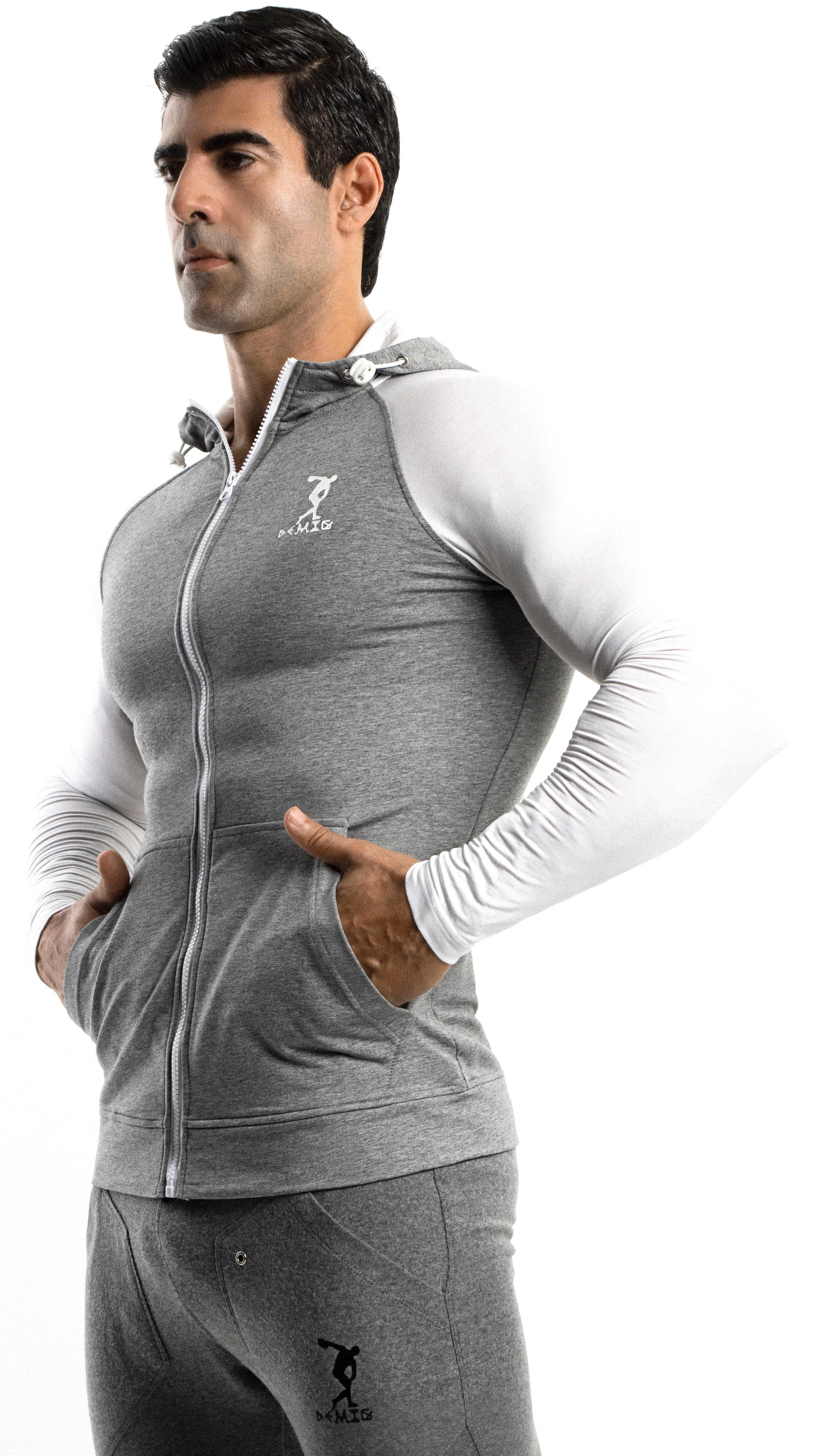 Mens Gray Zip Up Hoodie Slim Fit with Kanga Pockets Made with Organic Cotton and Microfiber