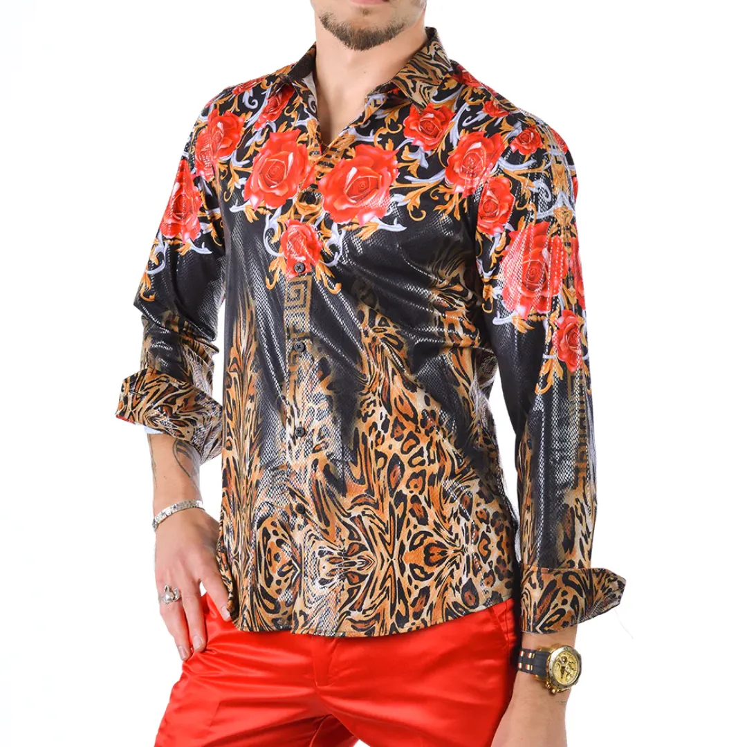 Men's Long Sleeve Button Down Dress Shirt Black Red Gold Leopard Floral Geometric