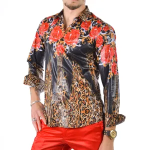 Men's Long Sleeve Button Down Dress Shirt Black Red Gold Leopard Floral Geometric