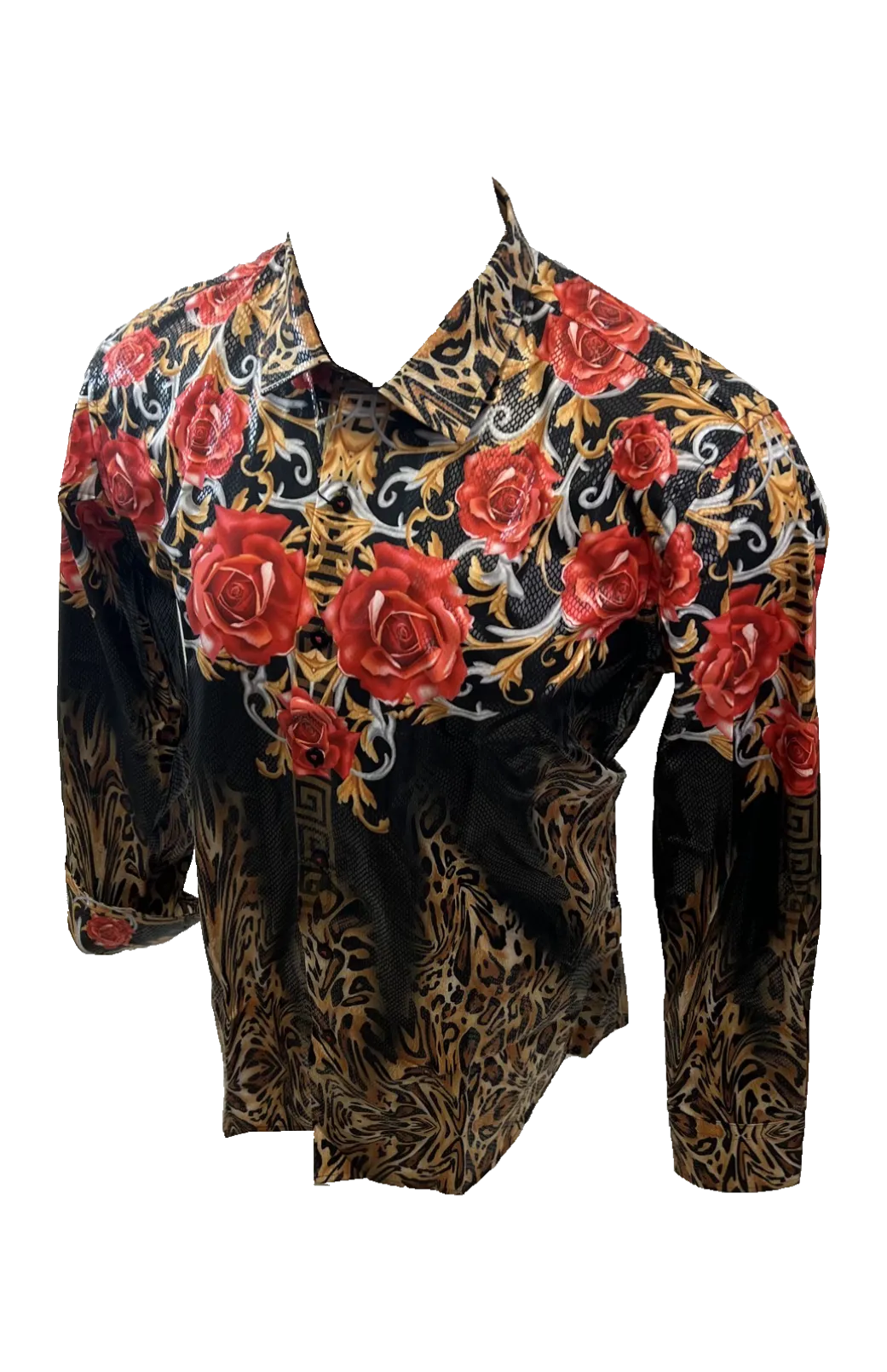 Men's Long Sleeve Button Down Dress Shirt Black Red Gold Leopard Floral Geometric