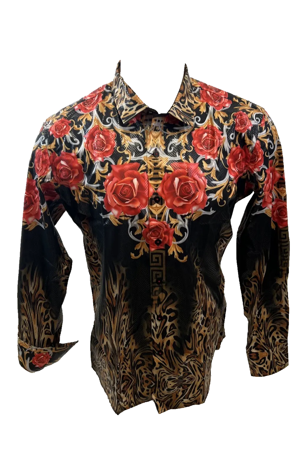 Men's Long Sleeve Button Down Dress Shirt Black Red Gold Leopard Floral Geometric
