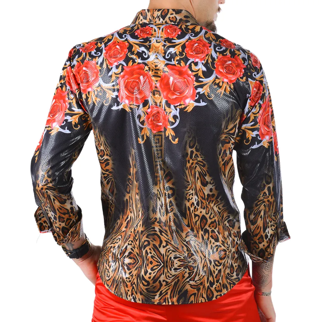 Men's Long Sleeve Button Down Dress Shirt Black Red Gold Leopard Floral Geometric
