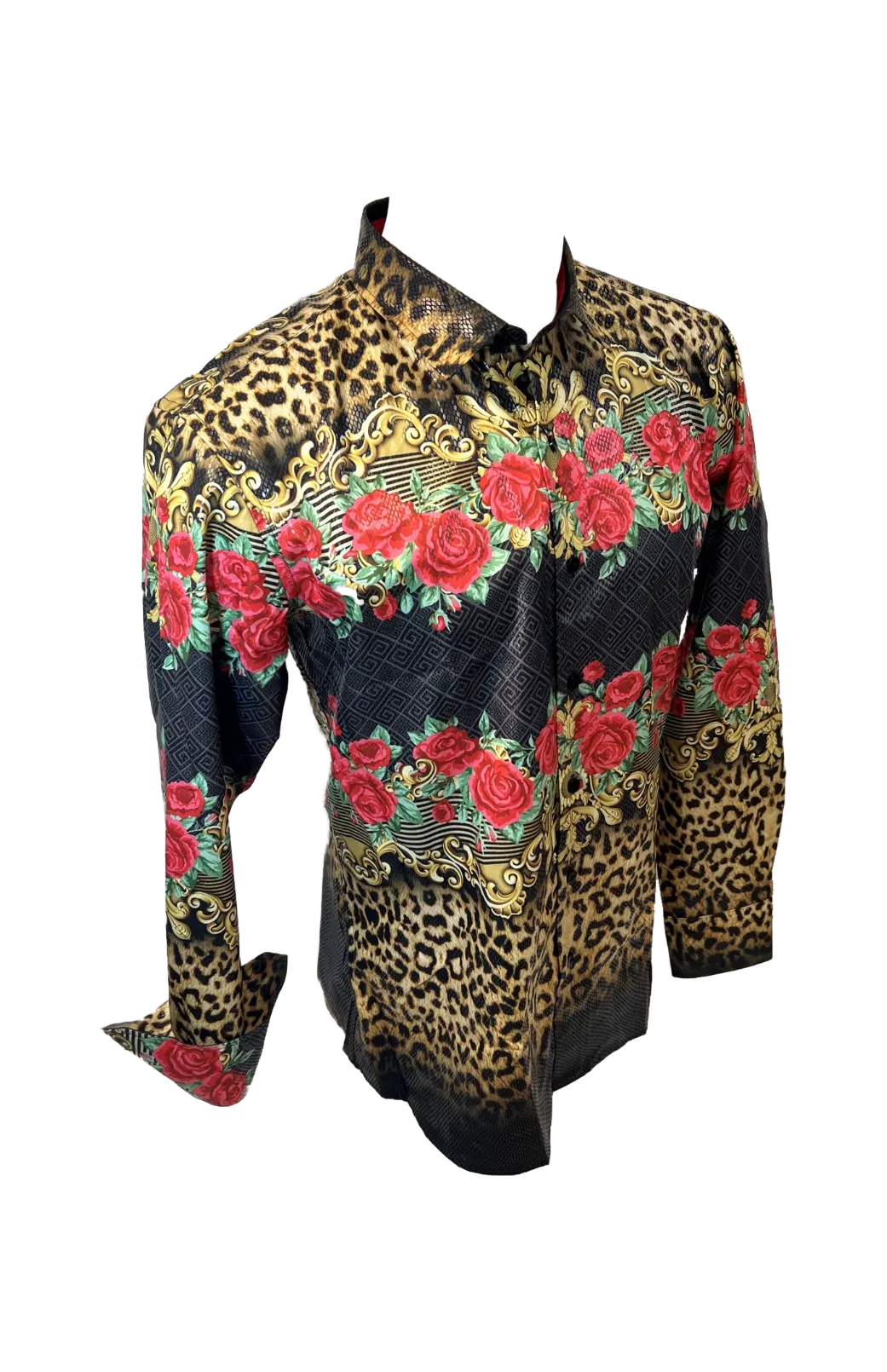 Men's Long Sleeve Button Down Dress Shirt Floral Rose Leopard Black Red Gold