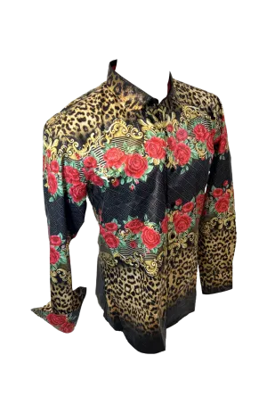 Men's Long Sleeve Button Down Dress Shirt Floral Rose Leopard Black Red Gold
