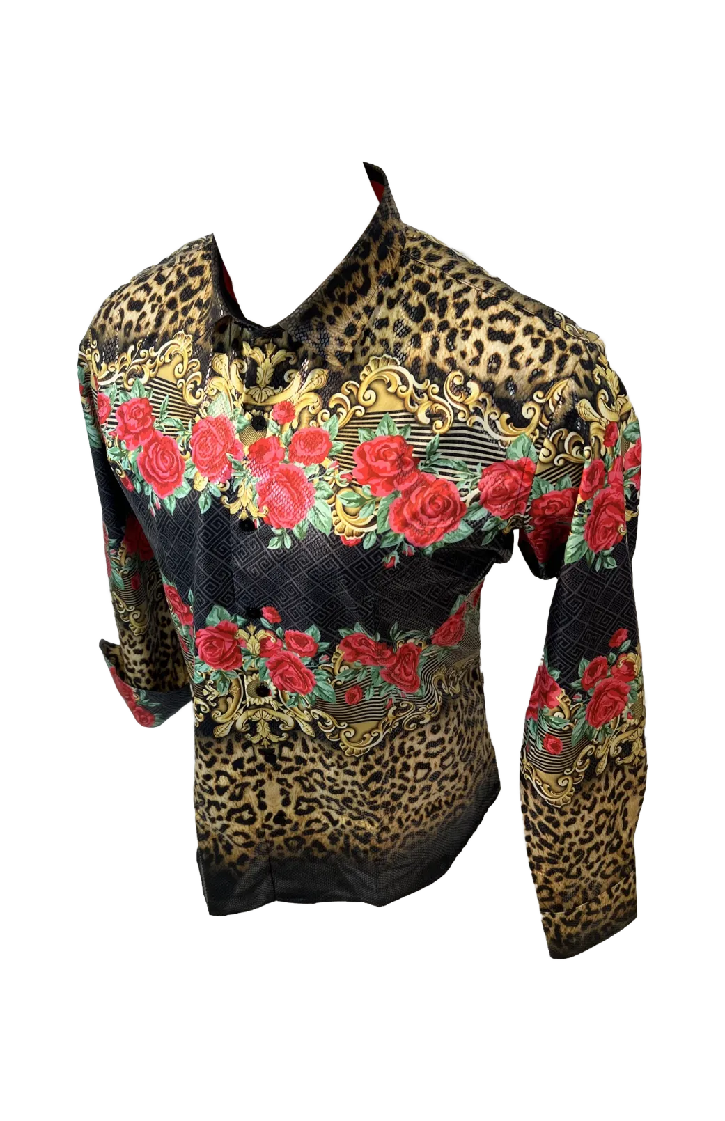 Men's Long Sleeve Button Down Dress Shirt Floral Rose Leopard Black Red Gold