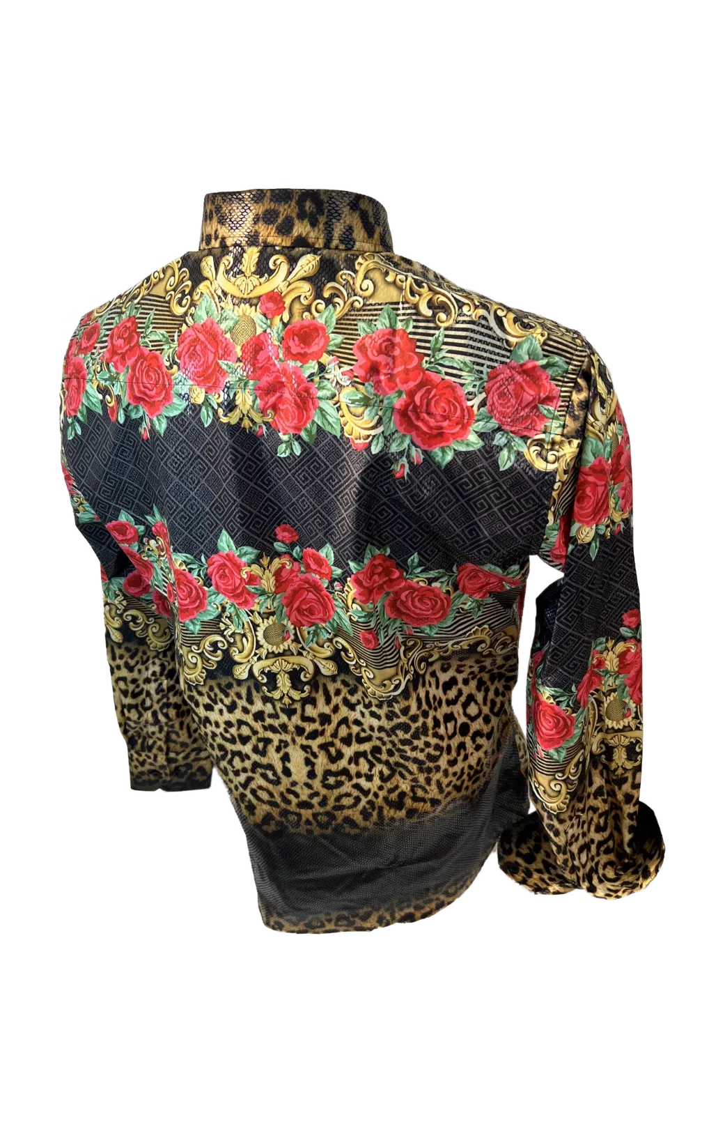 Men's Long Sleeve Button Down Dress Shirt Floral Rose Leopard Black Red Gold