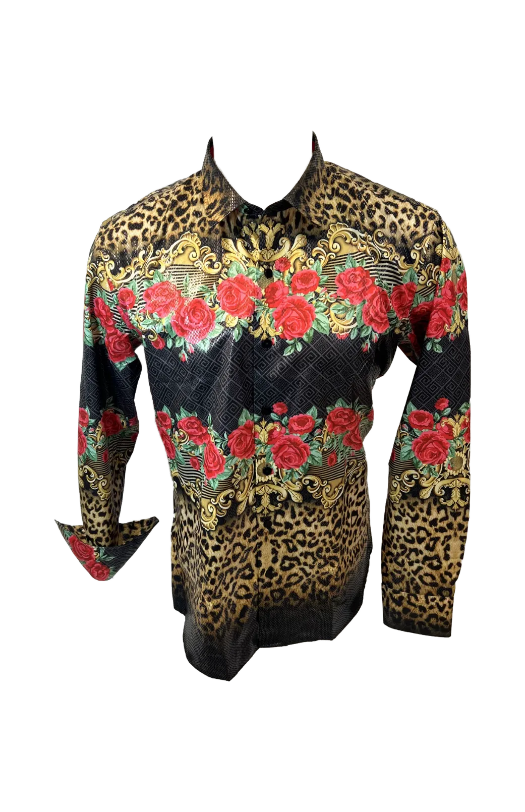 Men's Long Sleeve Button Down Dress Shirt Floral Rose Leopard Black Red Gold